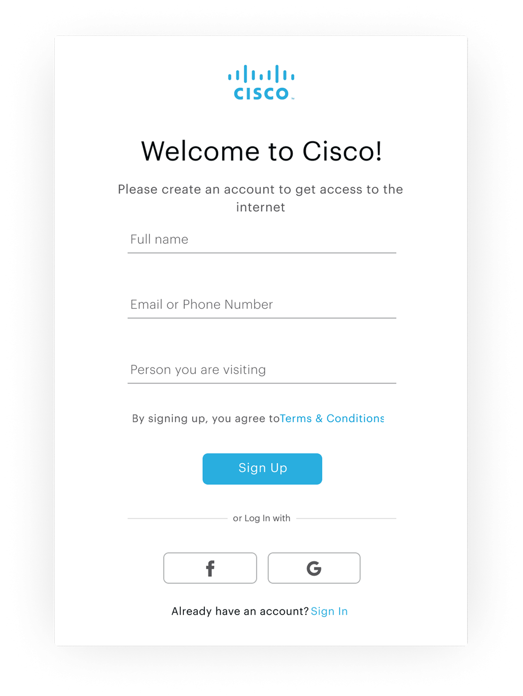 Portal screen: a sign-up form, with social accounts as another way in.