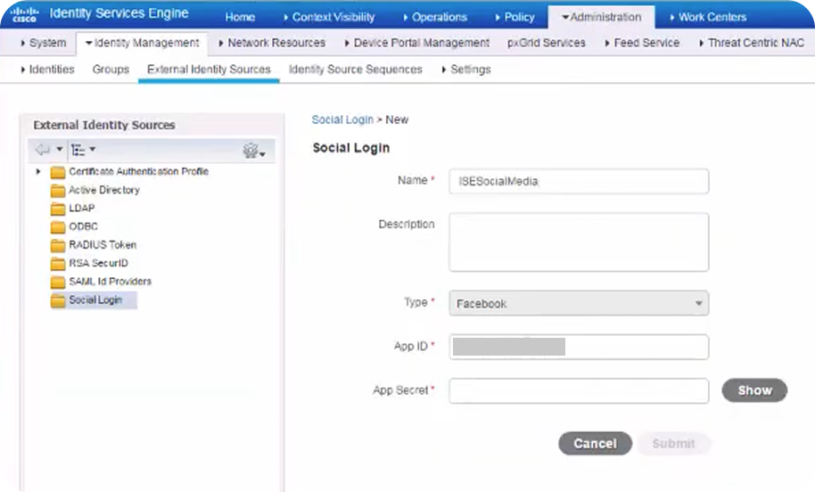 ISE console: the new Social Login form, with name, type, app ID and app secret.