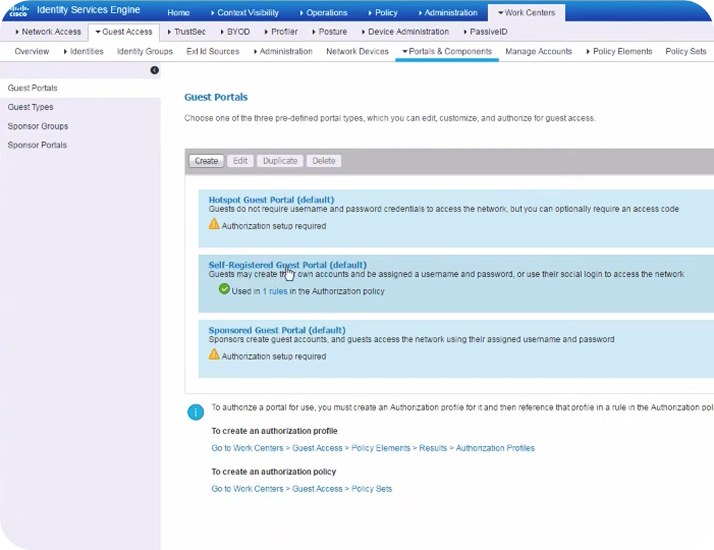 ISE console: the Guest Portals list, with the Self-Registered Guest Portal selected.