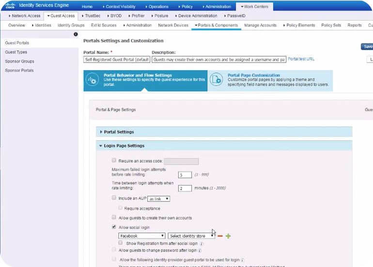 ISE console: the portal's login page settings, with Allow social login checked and Facebook selected.