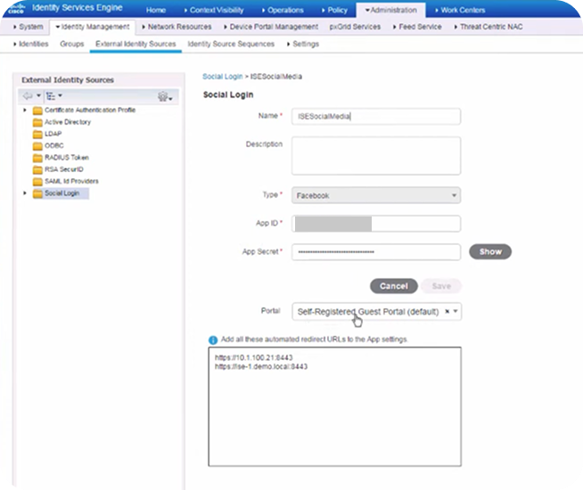 ISE console: the saved social login, with a portal selected and the redirect URLs to add to the app.