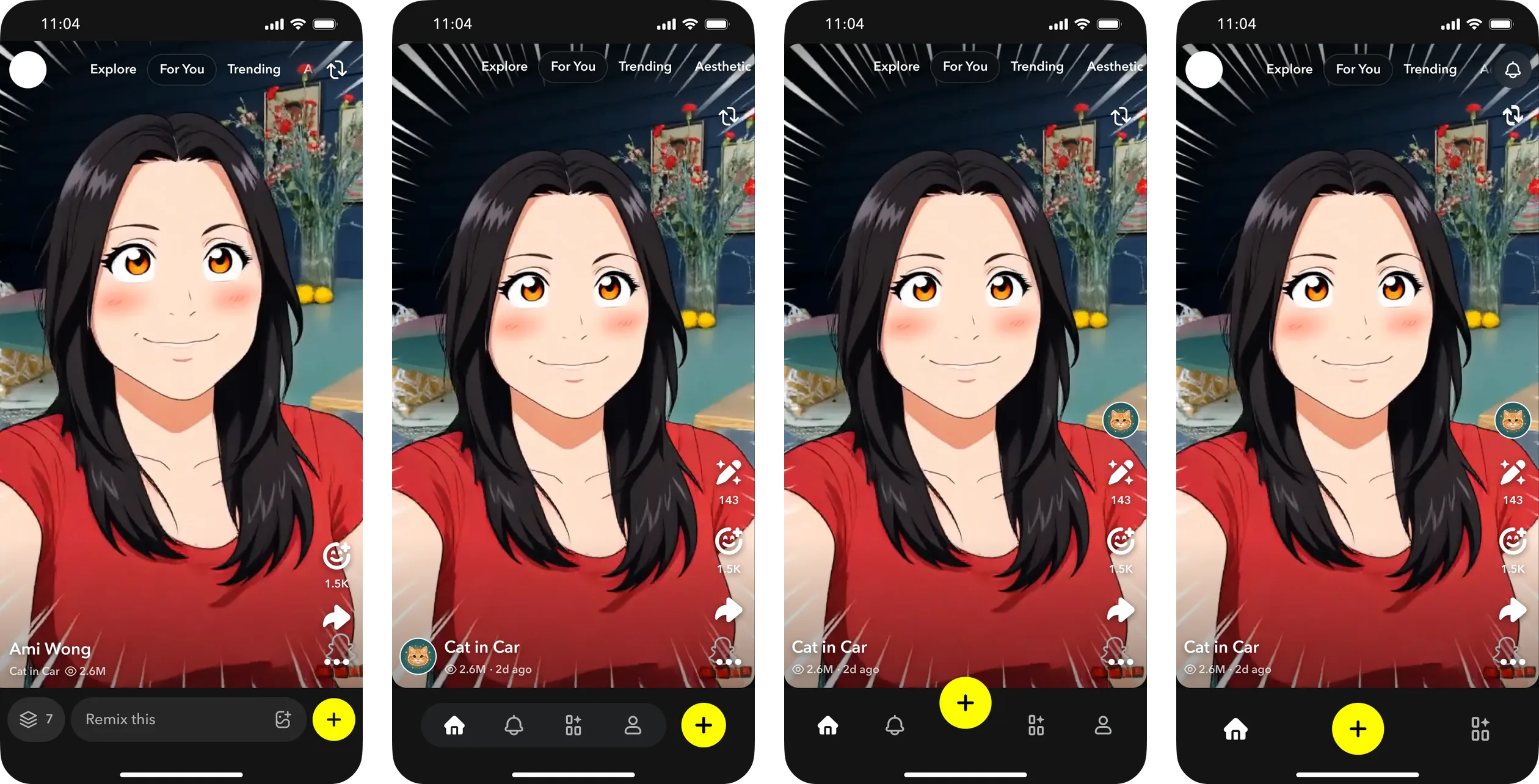 Four versions of the app's bottom navigation, each with a yellow + button in a different position.