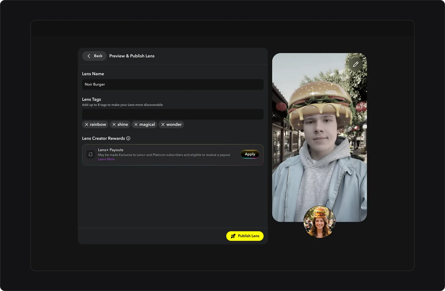 The publish screen at V2 launch: name, tags and payouts, with no choice of who can see the Lens.